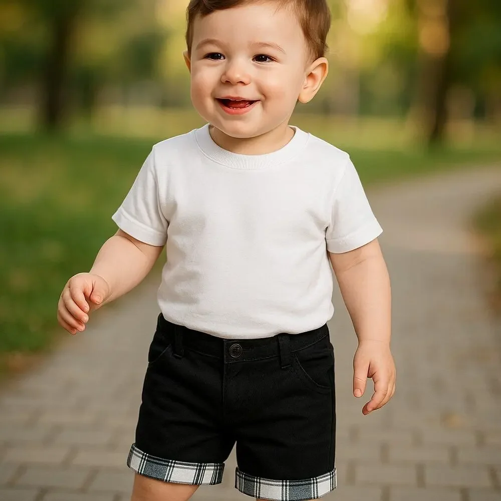 Old‎ Navy Boys Shorts Size 3-6 Months Black White Plaid Cuffed NEW